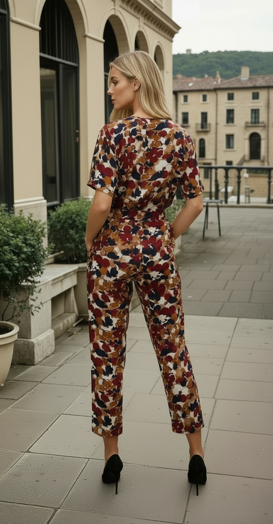 Woman wearing multi-colour printed wide-leg belted jumpsuit outdoors