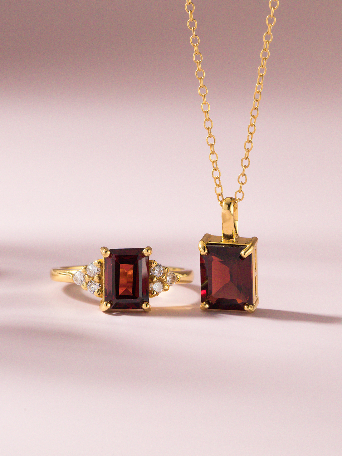 Garnet Emerald Cut Pendant Necklace in 18k Gold Vermeil Vianne Jewellery