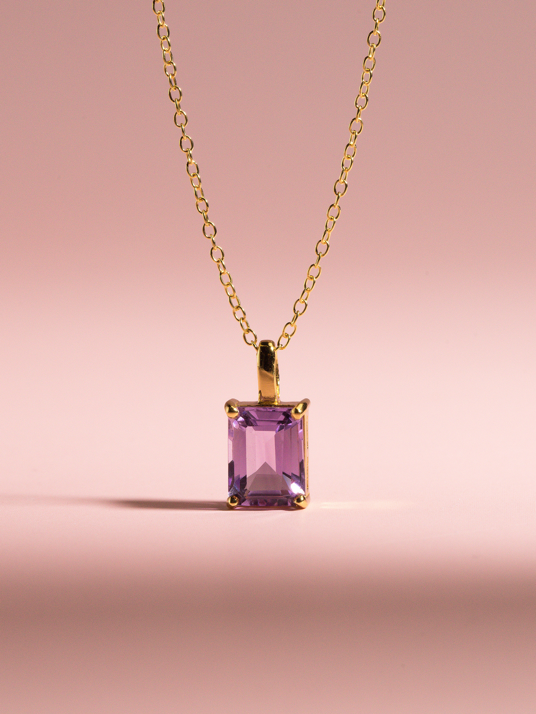 Lavender Amethyst Emerald Cut Pendant Necklace in 18k Gold Vermeil Vianne Jewellery