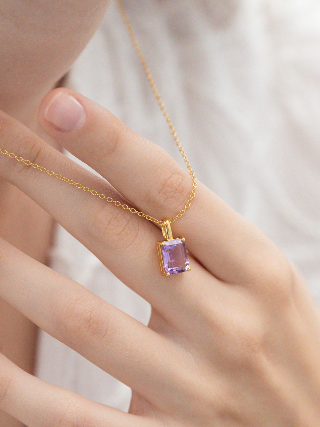 Lavender Amethyst Emerald Cut Pendant Necklace in 18k Gold Vermeil Vianne Jewellery