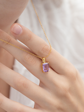 Lavender Amethyst Emerald Cut Pendant Necklace in 18k Gold Vermeil Vianne Jewellery