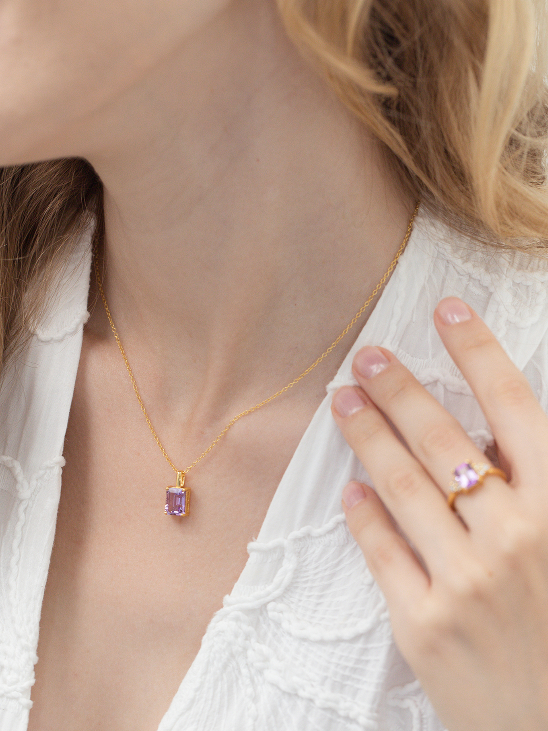 Lavender Amethyst Emerald Cut Pendant Necklace in 18k Gold Vermeil Vianne Jewellery