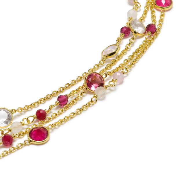 Hydra Multi-Strand Gold Chain and Gemstone Bracelet  Moonstone, Rose Quartz, Pink Jade & Pink Tourmaline Azuni London