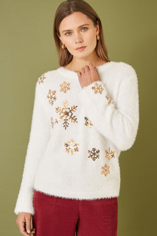Ivory Sequin Snowflake Fluffy Jumper Yumi