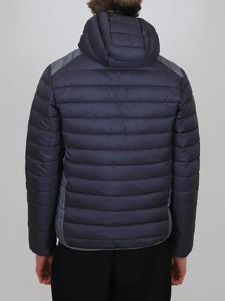 Back view of a person wearing a navy Winter Steep Padded Jacket with a hood and quilted design