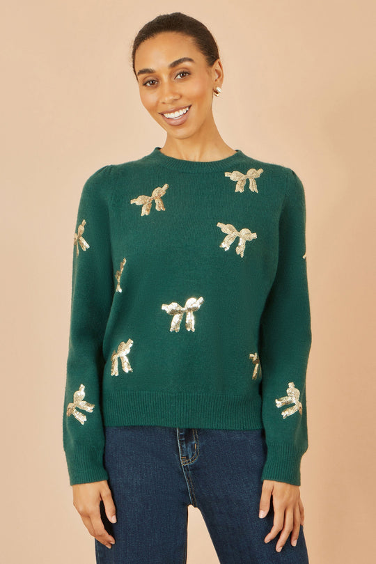 Green Sequin All Over Applique Bow Knitted Jumper Yumi