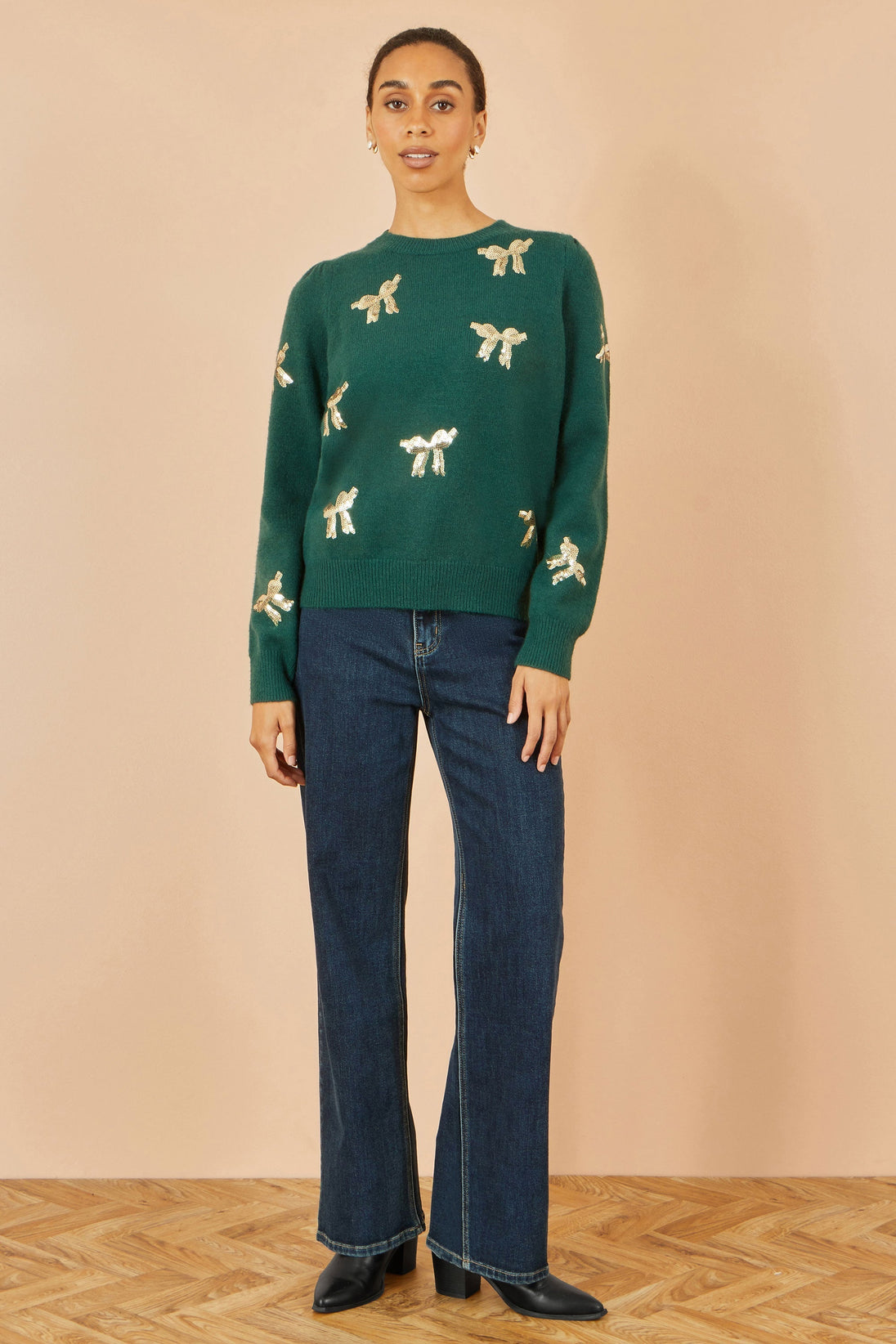 Green Sequin All Over Applique Bow Knitted Jumper Yumi