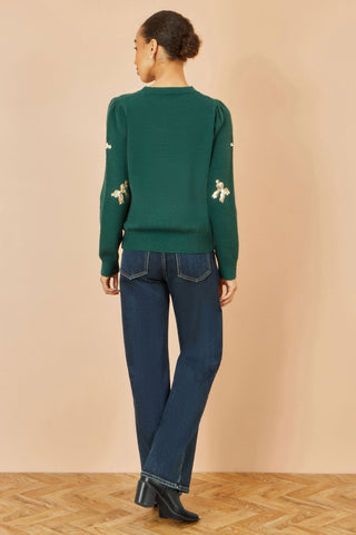Green Sequin All Over Applique Bow Knitted Jumper Yumi