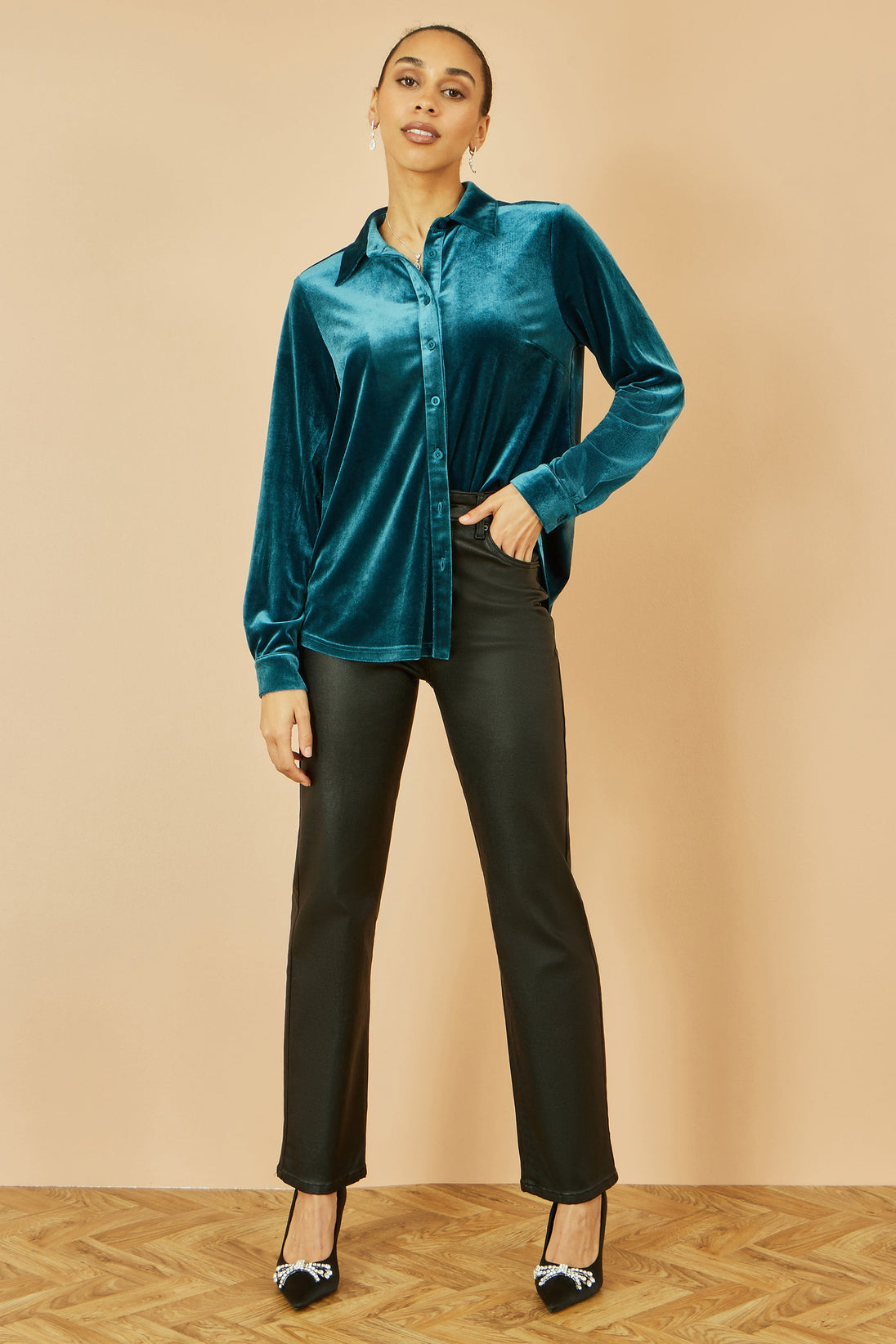 Yumi Teal Velvet Relaxed Fit Shirt Yumi
