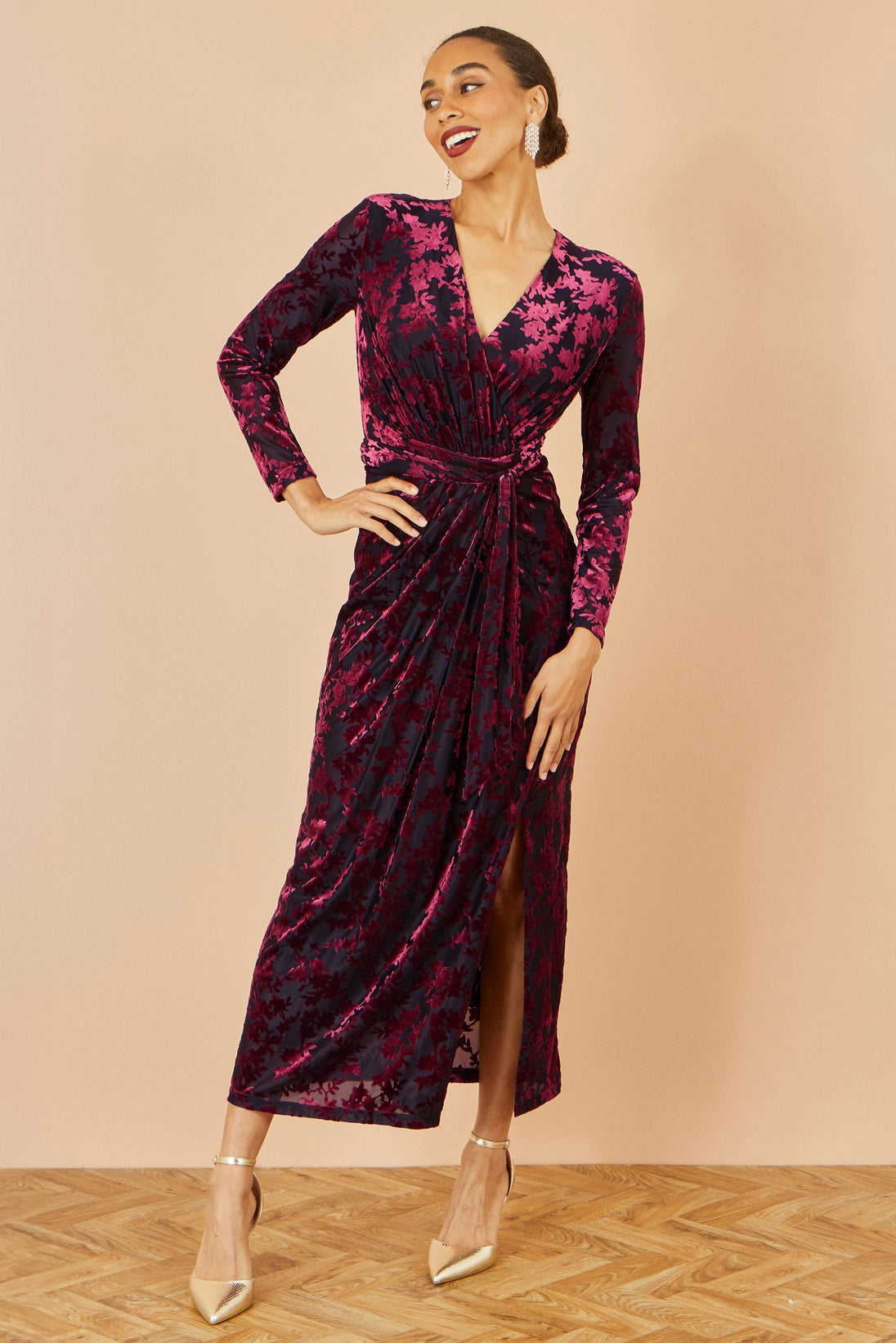 Yumi Burgundy Velour Stretch Midi Dress With Long Sleeves Yumi