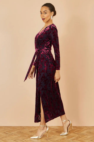 Yumi Burgundy Velour Stretch Midi Dress With Long Sleeves Yumi