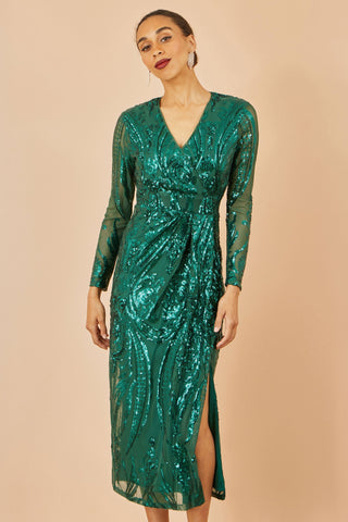 Yumi Green Sequin Midi Wrap Dress With Split Hemline And Long Sleeves Yumi