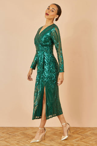Yumi Green Sequin Midi Wrap Dress With Split Hemline And Long Sleeves Yumi