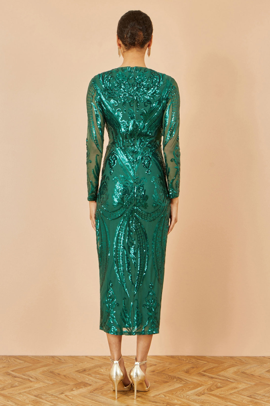 Yumi Green Sequin Midi Wrap Dress With Split Hemline And Long Sleeves Yumi