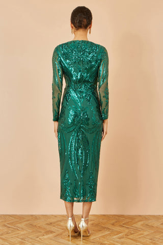 Yumi Green Sequin Midi Wrap Dress With Split Hemline And Long Sleeves Yumi