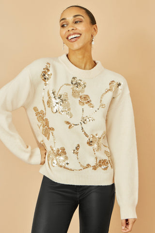 Cream Relaxed Knitted Jumper With Sequin Detail Yumi