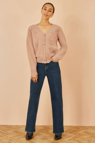 Yumi Brown Floral Embroidered Relaxed Fit Cardigan Yumi