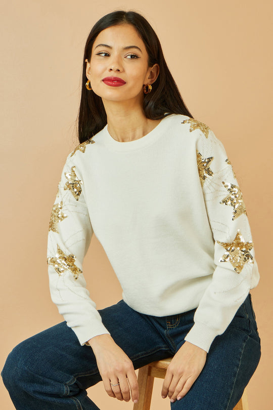 White Relaxed Fit Jumper With Sequin Star Sleeves Yumi