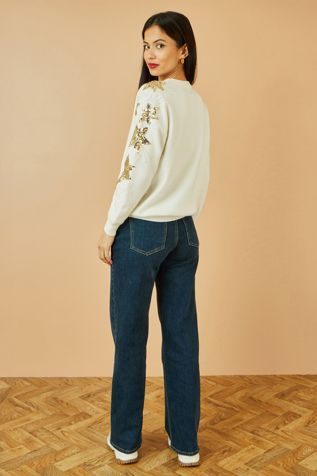 White Relaxed Fit Jumper With Sequin Star Sleeves Yumi