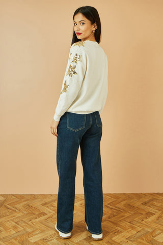 White Relaxed Fit Jumper With Sequin Star Sleeves Yumi