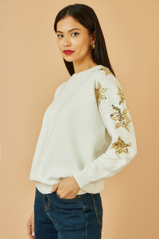 White Relaxed Fit Jumper With Sequin Star Sleeves Yumi