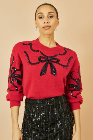 Red Sequinned Bow Neckline Jumper Yumi