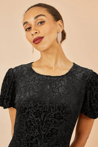 Yumi Black Floral Velour Velvet Twist Waist Midi Dress Yumi