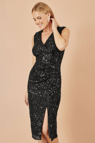 Yumi Black Sequin Fitted Wrap Dress With Split Hem Yumi