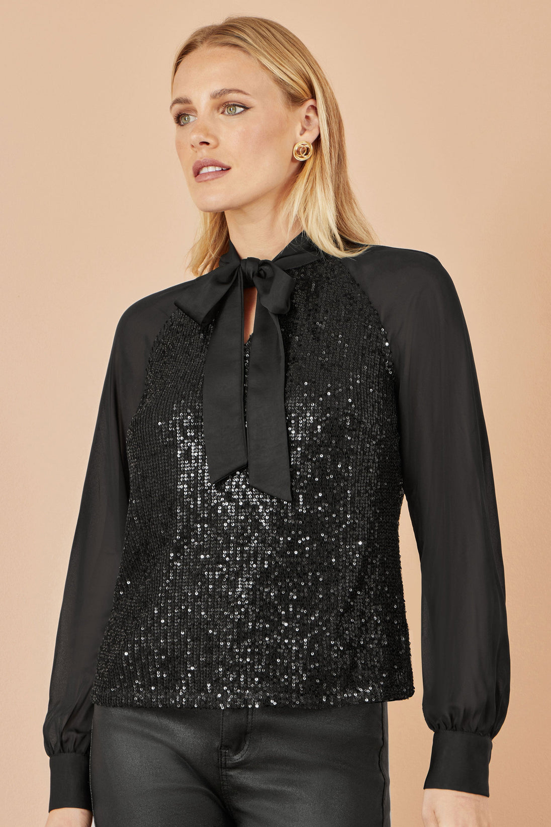 Yumi Black Sequin Pussy Bow Top Yumi