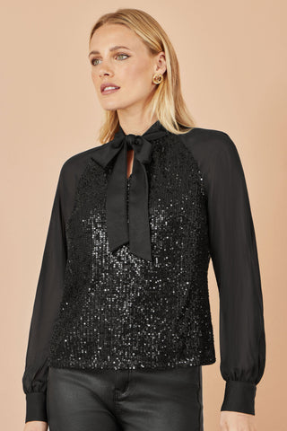 Yumi Black Sequin Pussy Bow Top Yumi