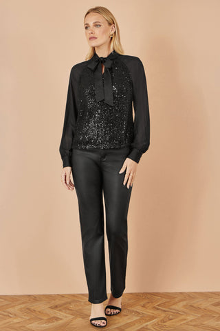 Yumi Black Sequin Pussy Bow Top Yumi