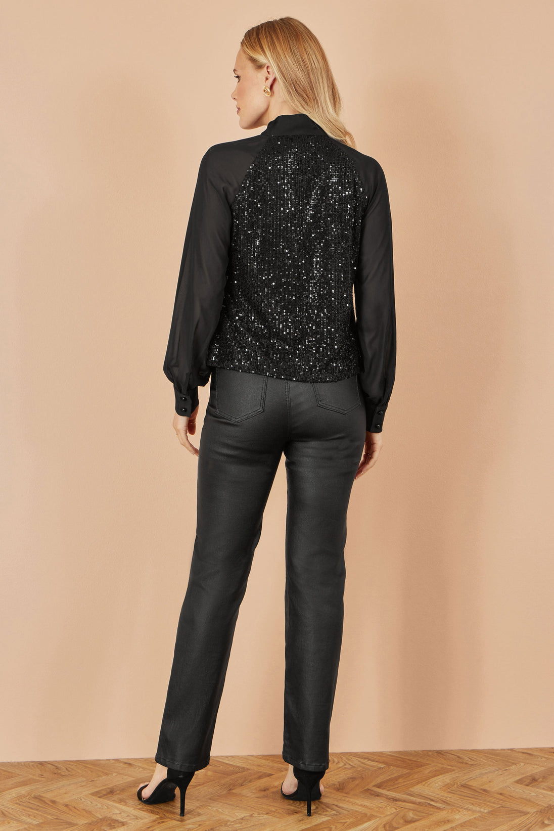 Yumi Black Sequin Pussy Bow Top Yumi