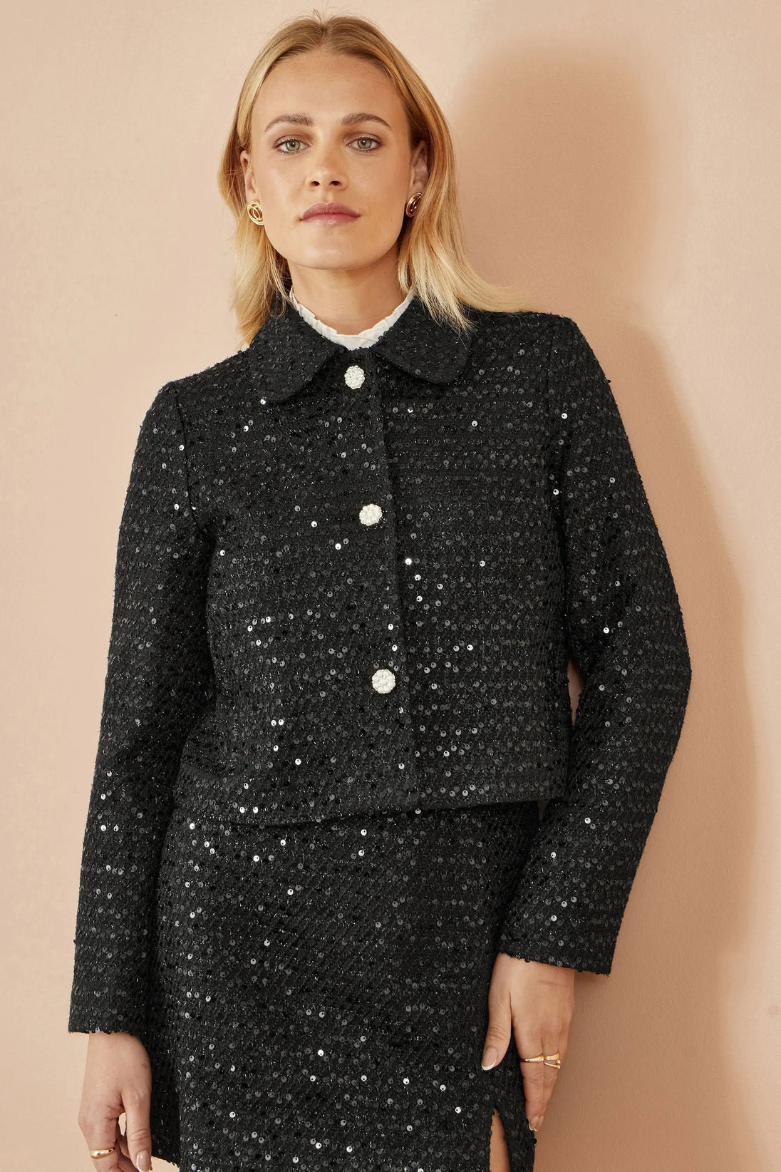 Yumi Black Boucle Sequin Jacket With Pearl Buttons Yumi