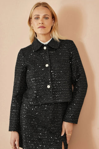 Yumi Black Boucle Sequin Jacket With Pearl Buttons Yumi