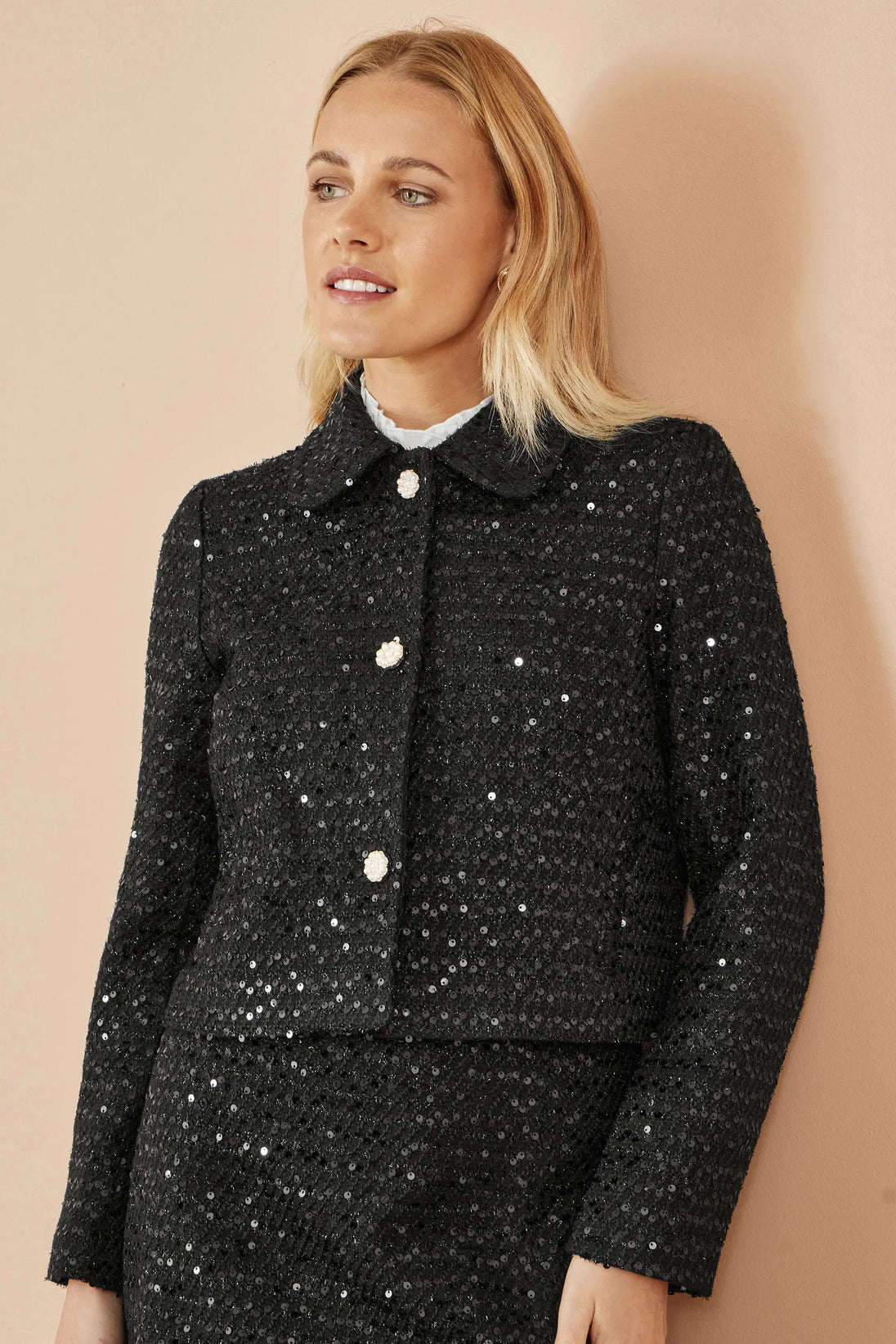 Yumi Black Boucle Sequin Jacket With Pearl Buttons Yumi