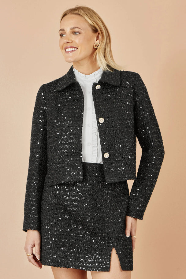 Yumi Black Boucle Sequin Jacket With Pearl Buttons Yumi