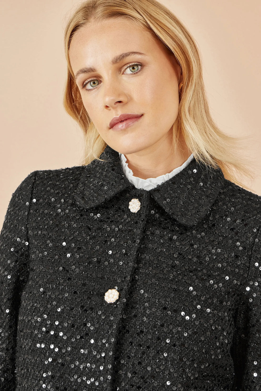 Yumi Black Boucle Sequin Jacket With Pearl Buttons Yumi
