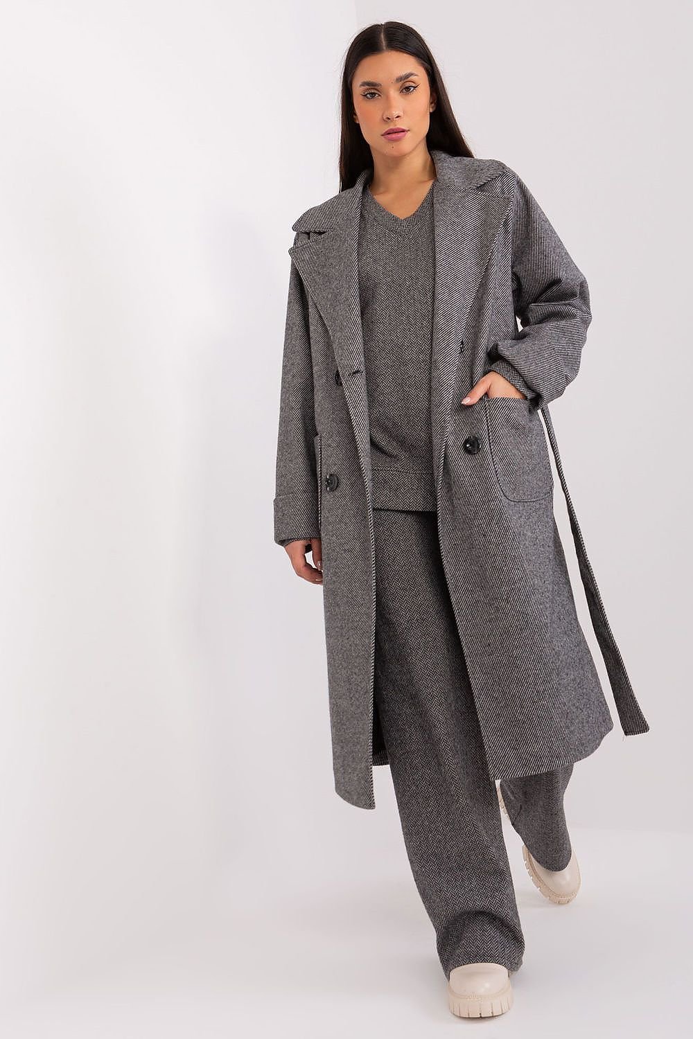 Classic Transitional Coat with over-the-knee length, button closure, and tie belt, in gray.