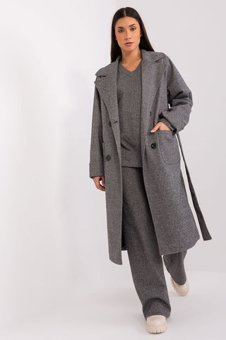 Classic Transitional Coat with over-the-knee length, button closure, and tie belt, in gray.
