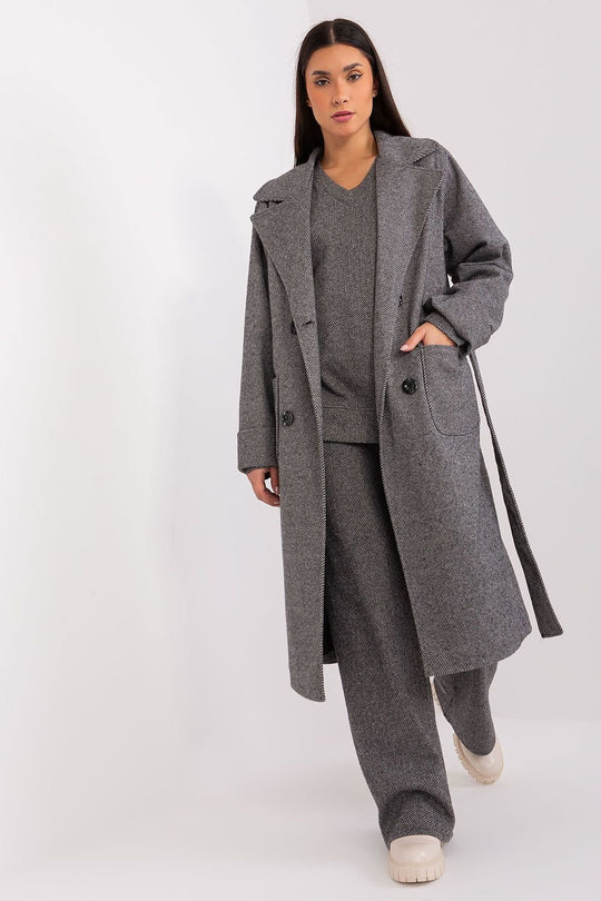 Classic Transitional Coat with over-the-knee length, button closure, and tie belt, in gray.