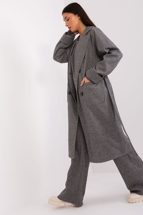 Classic transitional coat in gray, over-the-knee length, button closure, with tie belt and patch pockets.