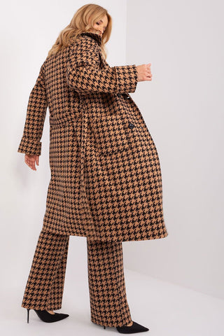 Classic transitional coat with houndstooth pattern and tie belt.