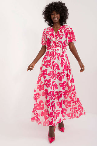 Summer floral dress with colorful print, maxi length, ruffle short sleeves, and heart neckline.
