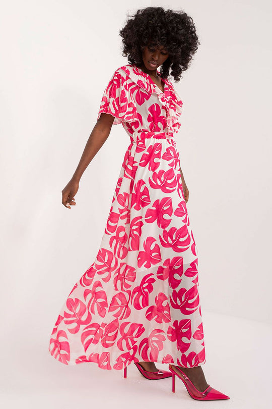 Summer floral dress with colorful print, ruffle sleeves, and tie belt, ideal for elegant summer occasions.