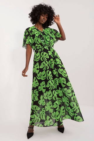Summer floral dress with green leaf print, ruffled short sleeves, and heart neckline.