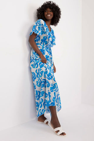Summer floral dress with blue and white print, featuring a flared cut, heart neckline, ruffle sleeves, and a tie belt.