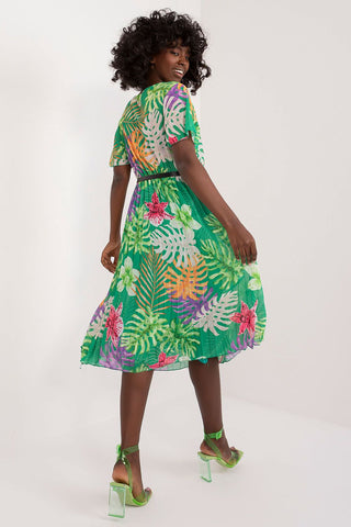 Summer Floral Dress with flared cut, envelope neckline, and pleated hem, ideal for any summer occasion.