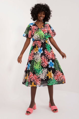 Summer Floral Dress with flared cut, envelope neckline, pleated hem, and belt.