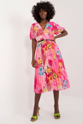 Summer floral dress with flared cut, envelope neckline, pleated hem, short sleeves, and belt.