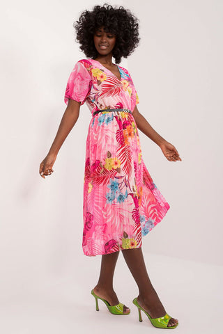 Summer floral dress with flared cut, envelope neckline, short sleeves, and pleated hem.
